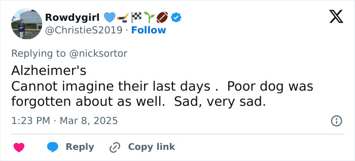 Tweet about Alzheimer’s, reflecting on last days, expressing sadness. Tweet about Alzheimer’s, reflecting on last days, expressing sadness.