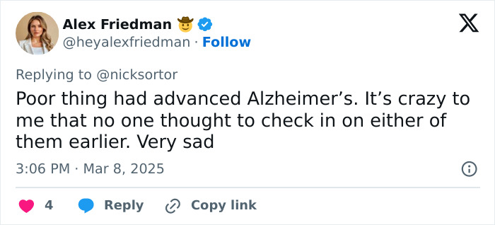Tweet about Gene Hackman, Alzheimer's, and a lack of check-ins from Alex Friedman. Tweet about Gene Hackman, Alzheimer's, and a lack of check-ins from Alex Friedman.