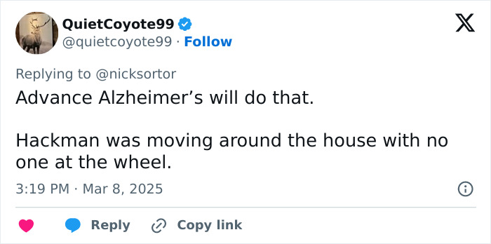 Tweet discussing Gene Hackman's condition and awareness related to family events. Tweet discussing Gene Hackman's condition and awareness related to family events.