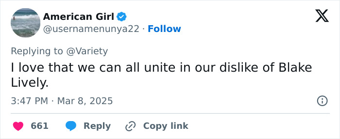 Tweet expressing dislike for Blake Lively related to Team Baldoni fans. Tweet expressing dislike for Blake Lively related to Team Baldoni fans.