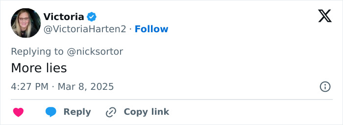 Tweet from Victoria commenting "More lies" related to Gene Hackman news. Tweet from Victoria commenting "More lies" related to Gene Hackman news.