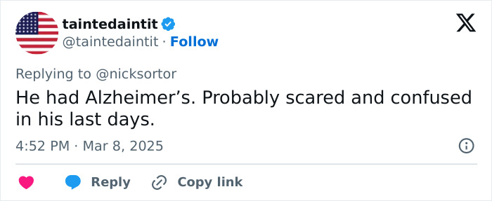 Tweet discussing Alzheimer's, mentioning confusion in the last days, related to Gene Hackman's situation. Tweet discussing Alzheimer's, mentioning confusion in the last days, related to Gene Hackman's situation.