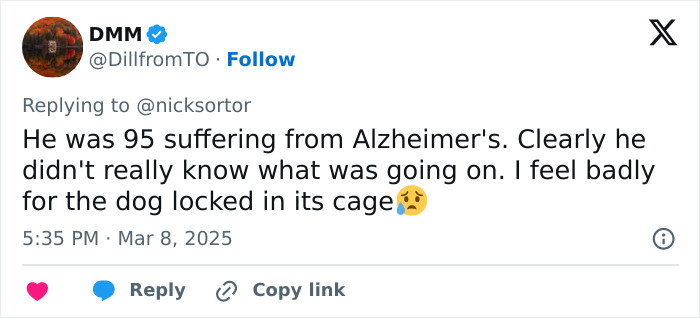 Tweet reflecting on Gene Hackman's Alzheimer's and empathy for a confined dog. Tweet reflecting on Gene Hackman's Alzheimer's and empathy for a confined dog.