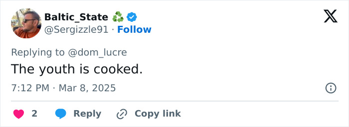 Tweet reading "The youth is cooked" by user @Sergizzle91, related to Jaden's strange appearance.