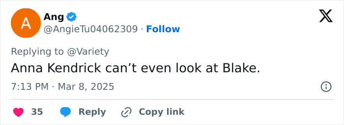 Tweet about Anna Kendrick and Blake Lively at "Team Baldoni" premiere. Tweet about Anna Kendrick and Blake Lively at "Team Baldoni" premiere.