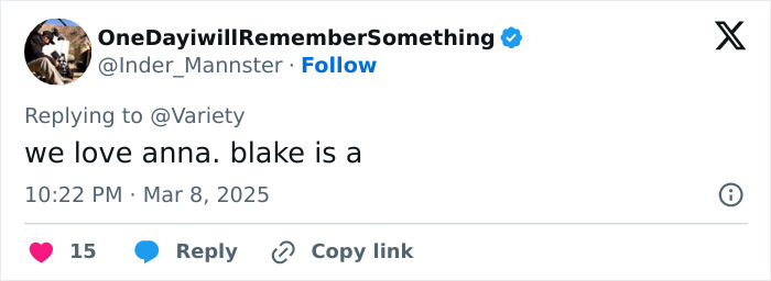 Tweet about Anna Kendrick and Blake Lively at a movie premiere, shared by a fan using the hashtag Team Baldoni. Tweet about Anna Kendrick and Blake Lively at a movie premiere, shared by a fan using the hashtag Team Baldoni.