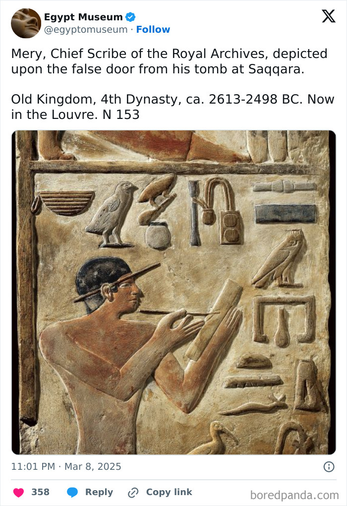 Ancient Egyptian artifacts: relief of Mery, Chief Scribe, with hieroglyphs from the Old Kingdom in the Louvre.