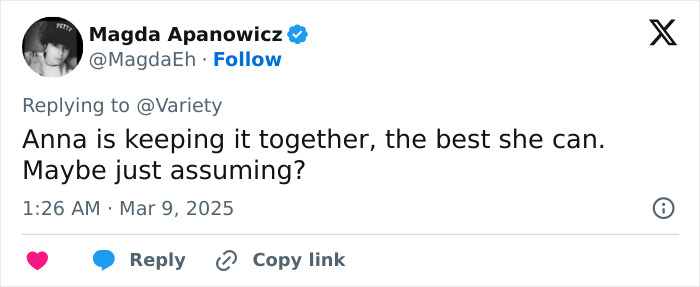 Tweet by Magda Apanowicz discussing Anna Kendrick's body language and assumptions, timestamped March 9, 2025. Tweet by Magda Apanowicz discussing Anna Kendrick's body language and assumptions, timestamped March 9, 2025.