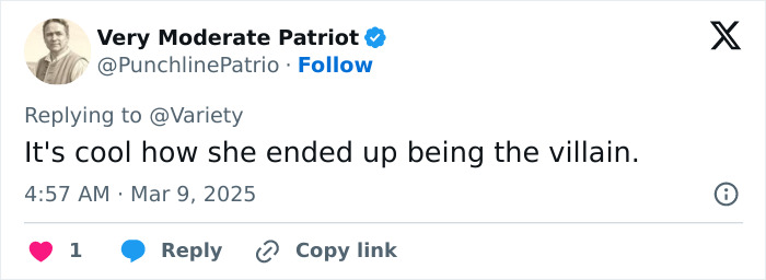Tweet from "Very Moderate Patriot," commenting on a movie character's role as the villain, related to Team Baldoni. Tweet from "Very Moderate Patriot," commenting on a movie character's role as the villain, related to Team Baldoni.