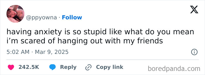 Amusing meme about anxiety from IG account, showing humor in social fears.