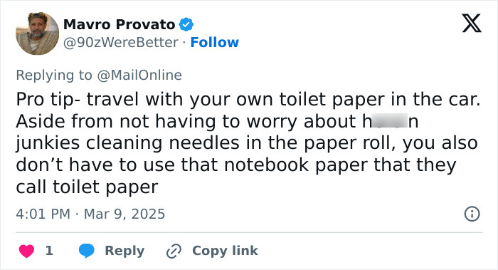 Tweet warning about hidden needle marks in public restrooms' toilet paper.