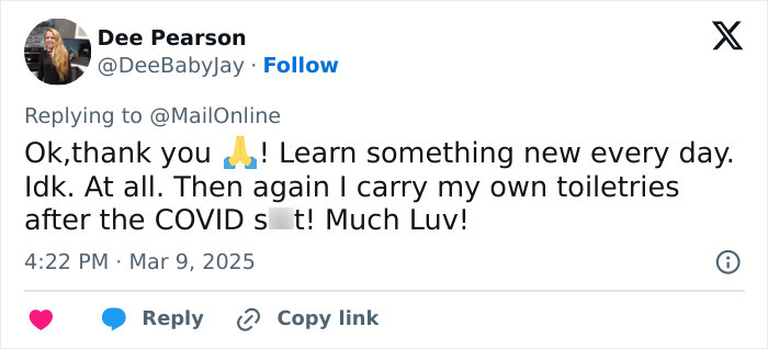 Tweet about carrying personal toiletries due to hidden needle marks in public restrooms' toilet paper.