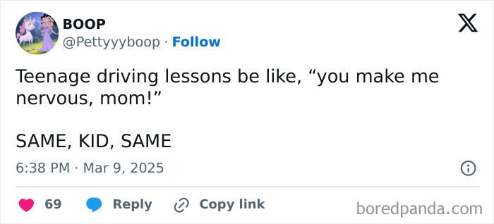 Tweet about teenage driving lessons humorously shared by a parent.