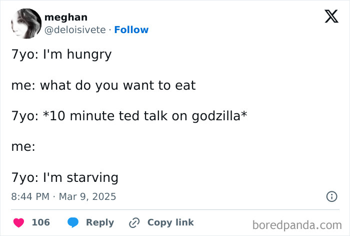 Funny tweet about parenting, featuring a conversation between a parent and hungry child discussing Godzilla.