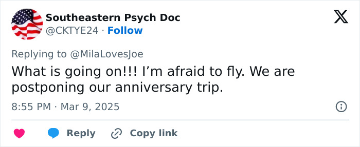 Tweet reacting to small plane crash in Pennsylvania suburb; user worried about flying, postponing trip. Tweet reacting to small plane crash in Pennsylvania suburb; user worried about flying, postponing trip.
