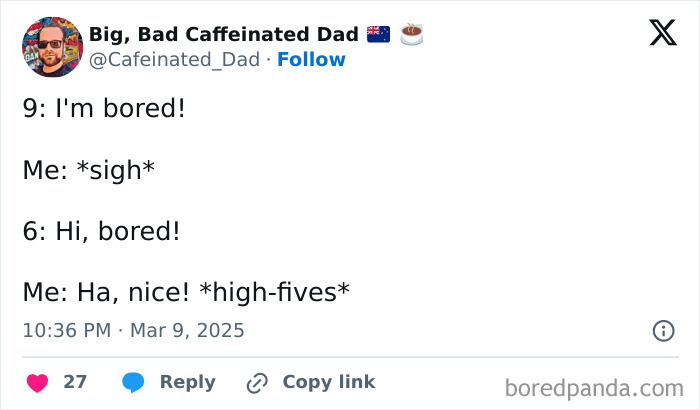 Parent shares a funny and relatable Twitter post about a child's boredom and playful response.