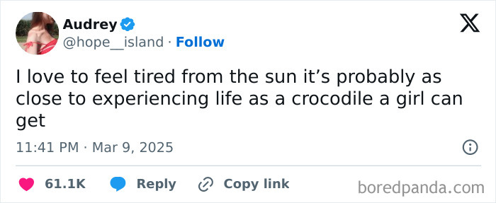 Tweet humorously equating sun fatigue to a crocodile's life. Generational wealth theme in background.