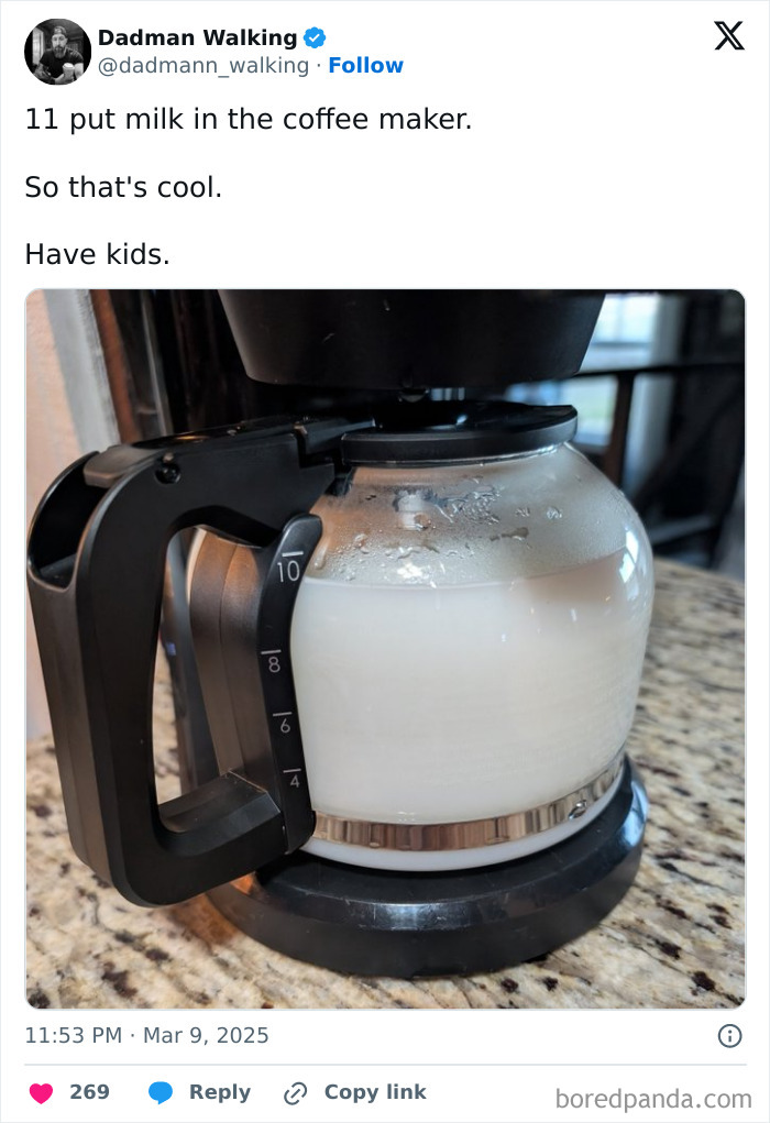 Coffee maker filled with milk, showcasing hilarious and relatable parenting moments.