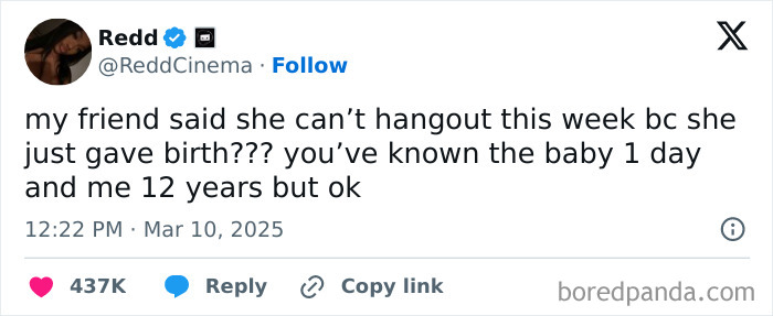 Funny post about a friend cancelling plans due to giving birth, highlighting the irony with playful humor.
