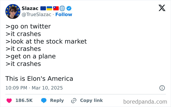 Tweet with humorous hot takes on social media and stock market crashes, referencing Elon.