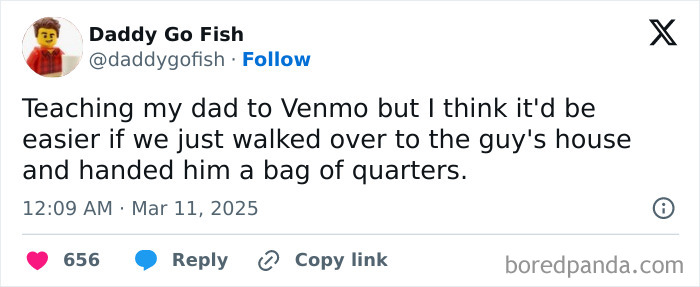Funny tweet by Daddy Go Fish about teaching Venmo to a dad, suggesting it’s easier to give quarters directly.