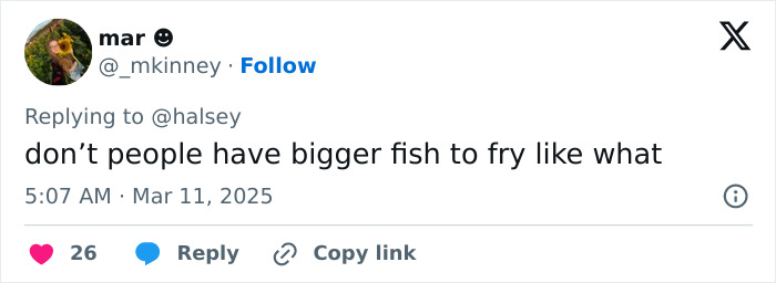 Tweet responding to Halsey, questioning priorities amid criticism of racy photos. Tweet responding to Halsey, questioning priorities amid criticism of racy photos.