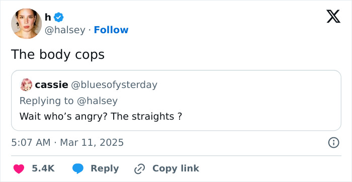 Tweet by Halsey responding to body cops criticism with supportive comment by a fan below. Tweet by Halsey responding to body cops criticism with supportive comment by a fan below.