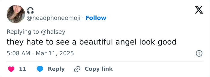 Tweet replying to Halsey, expressing support despite criticism, sent on March 11, 2025. Tweet replying to Halsey, expressing support despite criticism, sent on March 11, 2025.