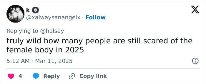Reply to Halsey on social media about female body perception in 2025. Reply to Halsey on social media about female body perception in 2025.