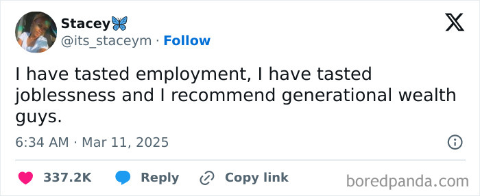 Funny X post about choosing generational wealth over employment and joblessness.