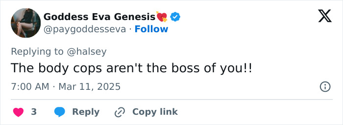 Tweet reply to Halsey reads, "The body cops aren't the boss of you!! Tweet reply to Halsey reads, "The body cops aren't the boss of you!!