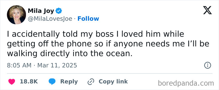 Tweet humorously describing an awkward work call moment with the boss.