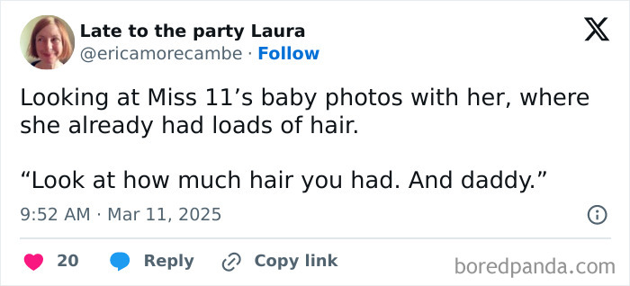 Tweet from a parent humorously comparing their child's baby hair to the father's hair.