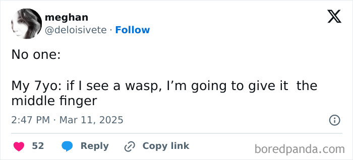 A humorous tweet from a parent about their child's reaction to seeing a wasp.