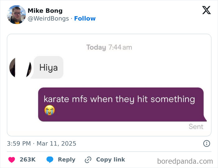 Text message humor with a funny conversation about karate and reactions, featuring a crying emoji.