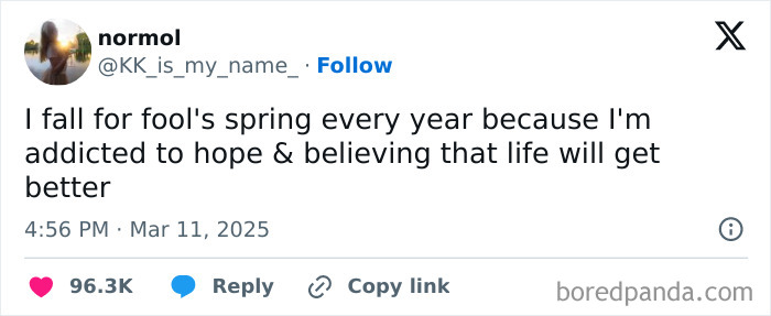 Funny X post about falling for fool's spring, expressing hope and belief in better times.