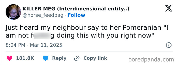 Funny post of the month featuring a tweet about a neighbor's interaction with her Pomeranian.