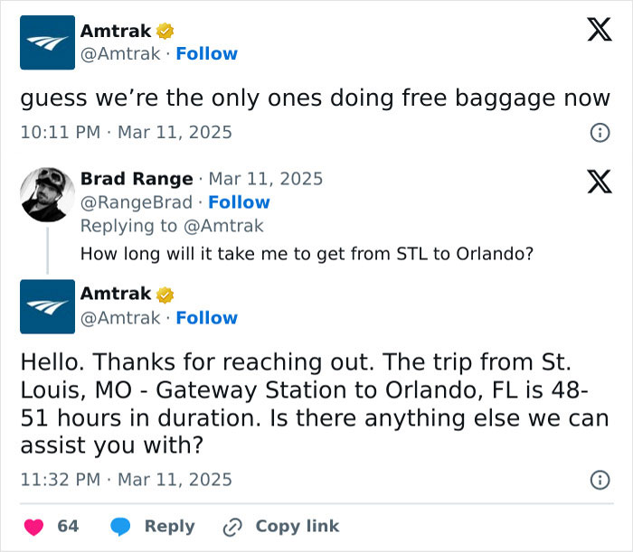 Amtrak responds to a travel inquiry, stating the journey from St. Louis to Orlando takes 48-51 hours, with a free baggage comment.