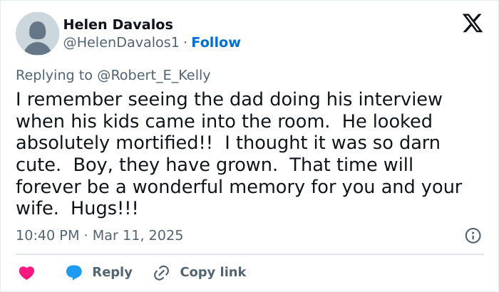 Tweet recalling viral "BBC Dad" interview, expressing nostalgia and noting how the kids have grown. Tweet recalling viral "BBC Dad" interview, expressing nostalgia and noting how the kids have grown.