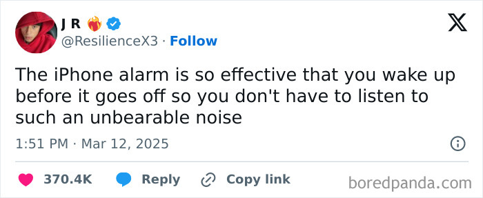 Funny post about iPhone alarm effectiveness, shared on social media by user with red hoodie profile picture.