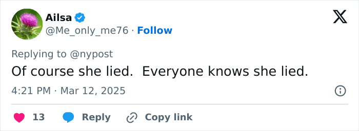 Tweet by Ailsa claiming Meghan Markle lied, with engagement count below. Tweet by Ailsa claiming Meghan Markle lied, with engagement count below.