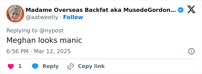 Tweet from user about Meghan Markle's appearance, mentioning "manic" in response to an article. Tweet from user about Meghan Markle's appearance, mentioning "manic" in response to an article.