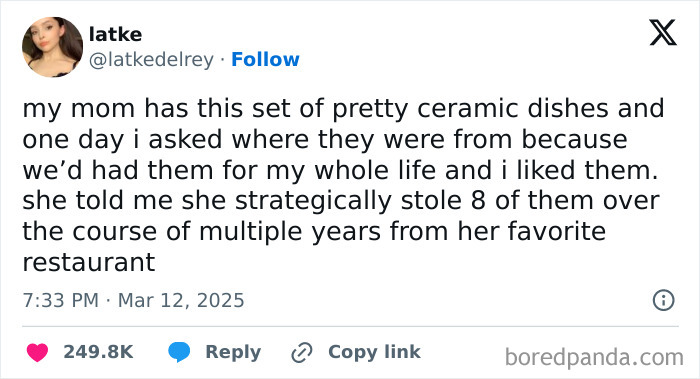 Tweet about funny ceramic dishes story involving strategic theft from a restaurant.