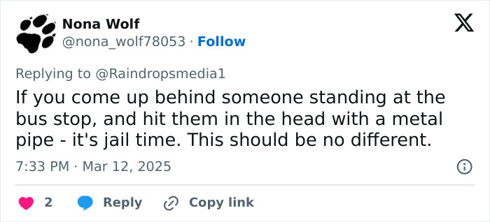 Tweet about viral baton incident, discussing consequences of a similar assault with a metal pipe.