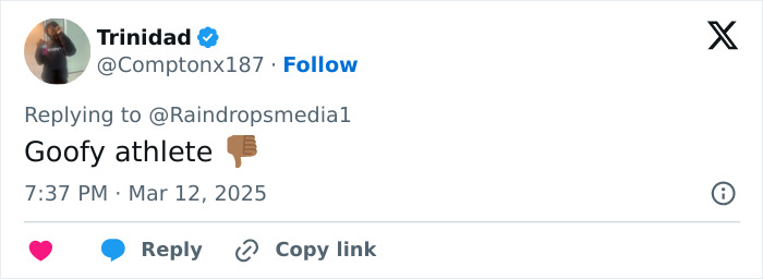 Tweet about star facing assault charge over baton incident, labeled as "goofy athlete" with thumbs down emoji.