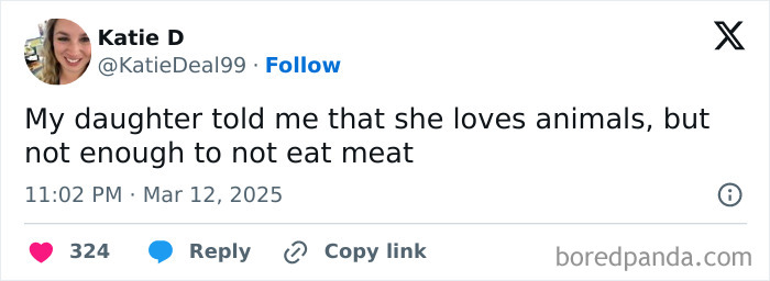 A humorous tweet from a parent about their daughter's view on loving animals and eating meat.