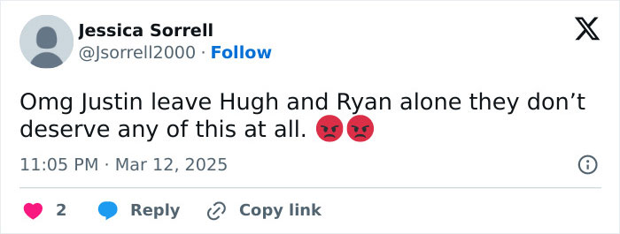 Jessica Sorrell tweets about Hugh Jackman and legal drama, expressing frustration with angry face emojis.