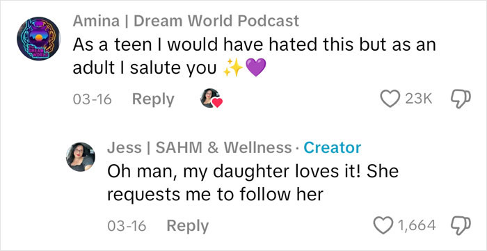 Comments discussing a mom following her daughter on 5k runs, with positive reactions.