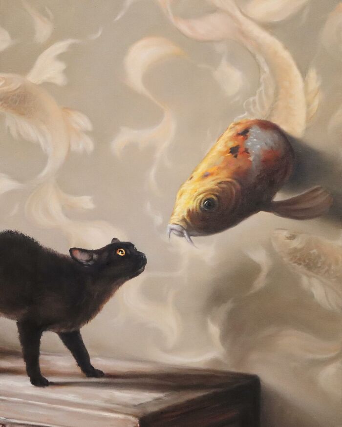 Anthropomorphic artwork by Richard Ahnert depicting a curious black cat and a koi fish interacting.