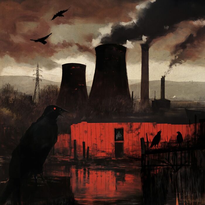 Eerie industrial decay scene with smokestacks, crows, and a red building reflected in water.